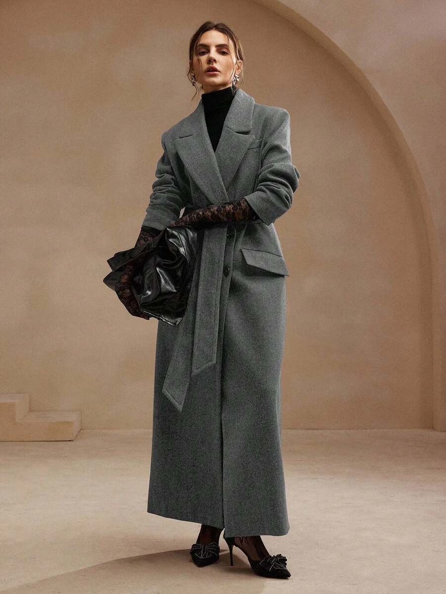 Anewsta Women's Grey Wool Blend Belted Mid-Length Coat With Lapel Collar