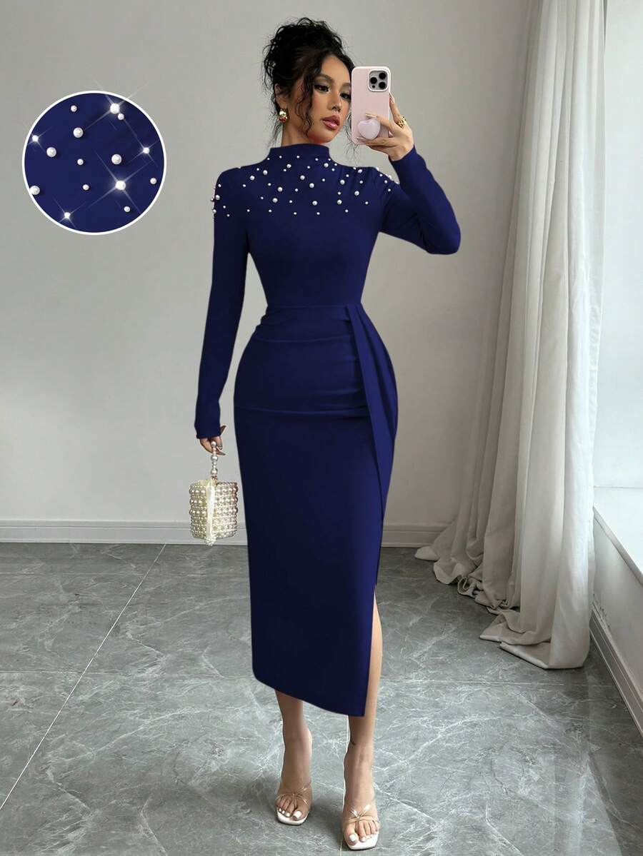 Elenzga Handmade Beaded Pleated Slit Dress For Women - Navy Blue - View 1
