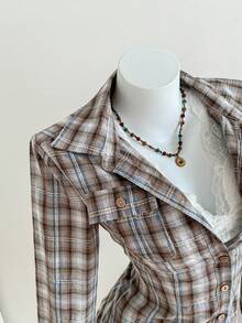 Elamini Áo sơ mi nữ tay dài, cổ bẻ, cài cúc phía trước, màu hồng kẻ caro, chất liệu cotton, dáng ôm, có túi ngực, kiểu dáng cổ điển thanh lịch, thích hợp cho công sở, học sinh, mặc thường ngày, mùa thu/đông. - màu nâu - Xem 6