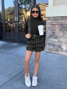 Firerie Kids Firerie Kids 两件套少女黑色针织高领上衣和格子松紧腰短裤套装，时尚百搭可爱装扮 - 黑色 - 查看 4