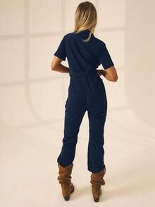 Aralina Macacão de Zíper Curto de Cor Sólida de Verão para Mulheres - Azul Marinho - Visão 2