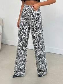 EURMUSE 100% Cotton MID RISE WIDEEG CUT LEOPARD PETITE JEAN - Multicolor - View 4