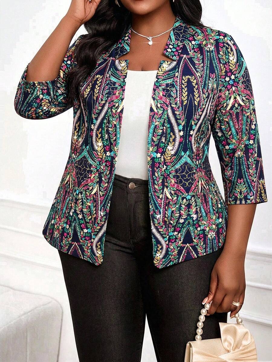 SHEIN Lady 大码女式西装外套，宫廷水钻印花，四季皆宜；商务休闲女式花卉印花西装外套，优雅大方，适合派对、学校聚会等场合，秋冬季女式正式西装外套，奢华夹克，锦缎提花夹克，女式教堂礼服，女式奢华闪亮西装外套，春季女装 - 藏蓝色 - 查看 1