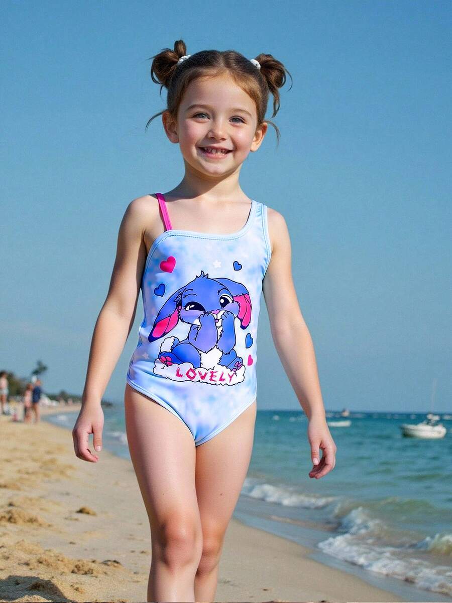 Cute Heart & Stitch Print Hollow Out One-Piece Swimsuit For Young Girl, Pool/Beach/Party Pink And Blue Kids Bathing Suit One Piece Bathing Suit Kidd Stitch Swimsuit For Girl - Blue - View 1