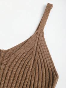 Sweetra Coffee Brown Casual Knitwear Sweater Co-Ords With High Neck Crop Top And Long Sleeve Drop Shoulder Ribbed Midi Dress With Split Details - Coffee Brown - View 8