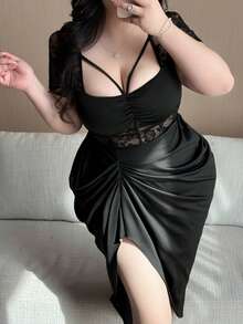 Vibekara Đầm nữ cỡ lớn kiểu dáng mới, cổ tròn, phối ren, vạt không đều, tay ngắn, phần ngực nhún bèo, thanh lịch, cổ điển, lãng mạn, ôm sát, thích hợp mặc hàng ngày, đi học, sinh nhật, tiệc tùng, cocktail, dự đám cưới, mùa xuân/hè/thu. - màu đen - Xem 1