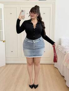 CovetEZ 大码休闲纯色前扣连体衣 - 黑色 - 查看 5