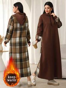 Mulvari Dropped Shoulder Long Sleeve Casual Plaid Patchwork Drawstring Hooded Abaya Dress - Multicolor - View 1