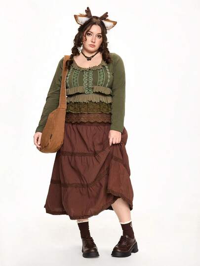 Fairycore Blouse à ourlet superposé style fée brodée vert olive pour femmes grandes tailles