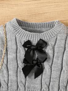 SHEIN 年轻女孩秋冬复古粗针织圆领 A 字腰蝴蝶结长袖毛衣连衣裙，适合户外休闲穿着 - 灰色 - 查看 3