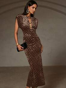 Revavyn Retro Polka Dot Elegant Exaggerated Shoulder Pad Cap Sleeve Round Neck Sexy Hollow Metal Button Design Waist Fitted Dress For Women - Coffee - View 6