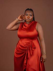CurvyTilda Plus Size Elegant & Party Sleeveless Solid Brown Shoulder Gather V-Neck Asymmetric Hem Cross Ruched Long Shiny Satin Dress Women, Spring Summer, For Hourglass Body Shape - Brown - View 4
