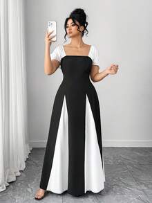 SHEIN Tall CURVE Plus Size Women's Elegant Contrast Color Tie Waist Square Neck Puff Sleeve A-Line Dress - Multicolor - View 1