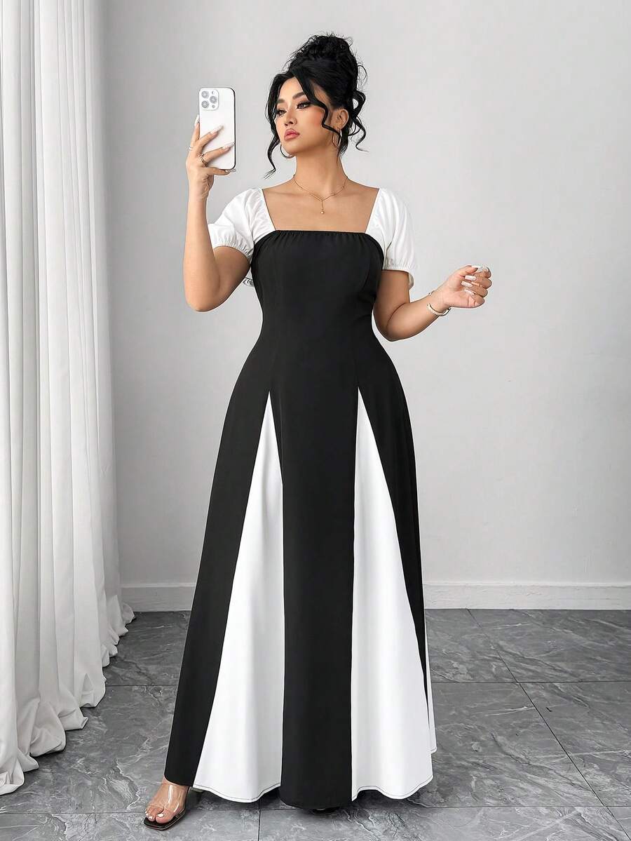 SHEIN Tall CURVE Plus Size Women's Elegant Contrast Color Tie Waist Square Neck Puff Sleeve A-Line Dress - Multicolor - View 1
