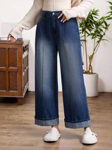 EMERY ROSE 女士撞色缝线前袋休闲百搭牛仔裤阔腿牛仔裤高腰宽松直筒裤，七分裤，秋冬服装，约会装，日常穿着，工作装，新年/圣诞节 - 中等水洗藍 - 查看 1