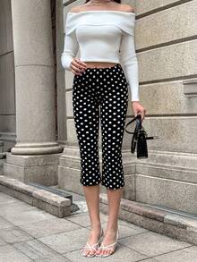 Firerie 女士优雅休闲度假裤，适合春夏穿着，黑白波点针织低腰修身七分裤，适合下午茶、海滩度假、教师装和居家休闲穿着。 - 黑與白 - 查看 1