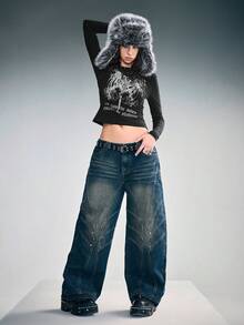 ROMWE Grunge Punk Y2K朋克风翅膀字母图案印花修身T恤 - 黑色 - 查看 1