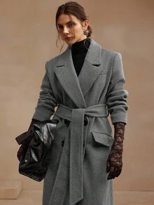 Anewsta Women's Grey Wool Blend Belted Mid-Length Coat With Lapel Collar