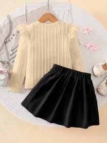 Elladie kids 4-7 岁女童休闲甜美白色针织提花蝴蝶结装饰荷叶边长袖圆领上衣和粉色灯芯绒松紧腰百褶裙，适合日常穿着、休闲外出 - 黑色 - 查看 2