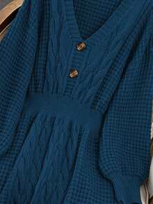 GlowEve CURVE Plus Size V-Neck Lantern Sleeve A-Line Thick Drawstring Knitted Sweater Dress, Solid Color, Winter - Royal Blue - View 4