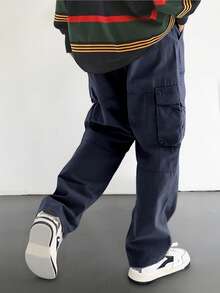 Manfinity Roghcode Loose Fit Men's Flap Pocket Side Cargo Pants Men Clothes Cargo Cargos For Men Men Oversized Pants - Navy Blue - View 2