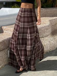 Livesso Loose Casual Vacation Fashion Brown Plaid Contrast Color Block Bohemian Street School Style High Waist Women Skirt, Spring/Summer - Brown - View 1