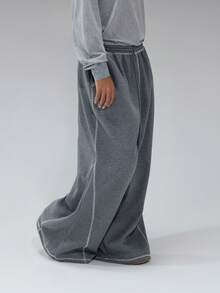 COUREZ 超低腰宽松运动裤，撞色缝线细节 / Y2K 冬季女装阔腿裤女士运动裤女士夏季服装 - 淺灰色 - 查看 6