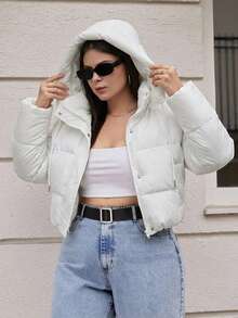 Chaqueta con capucha acolchada corta para mujer talla grande - Blanco - Ver 1