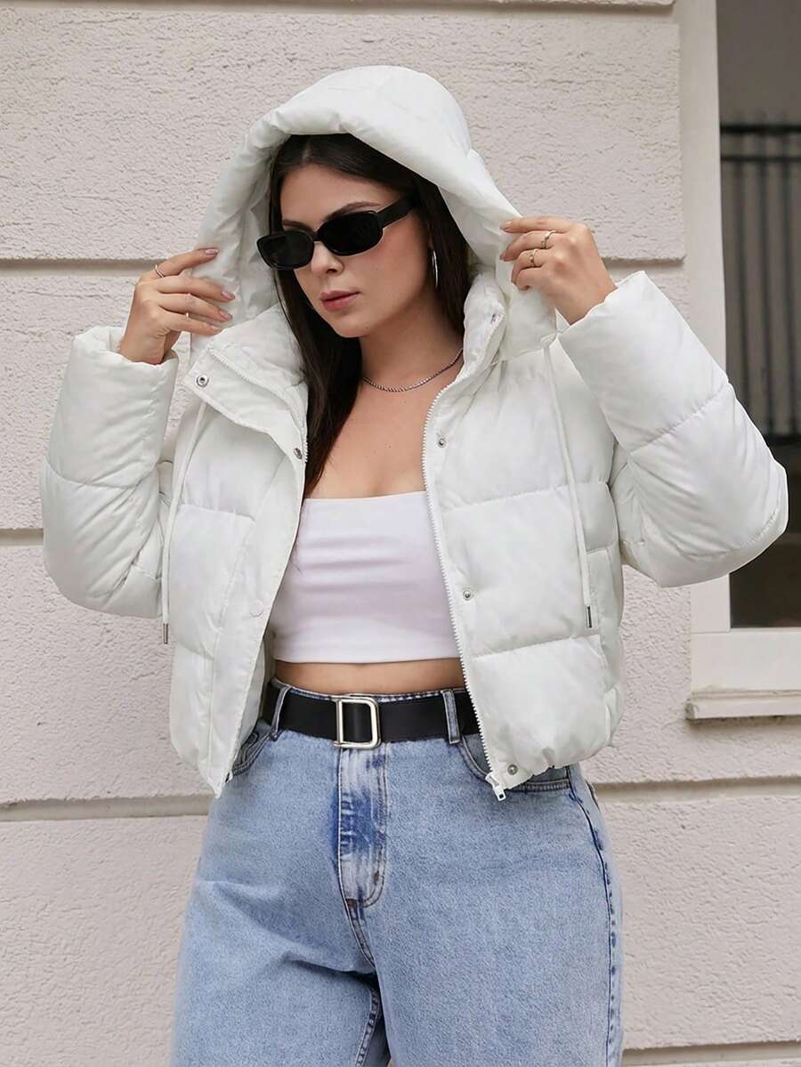 Chaqueta con capucha acolchada corta para mujer talla grande - Blanco - Ver 1