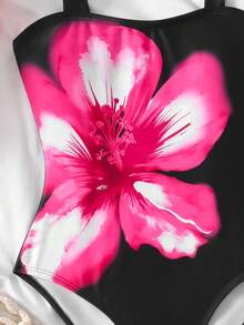 SHEIN Tween Girls' Casual Summer Beach Vacation, Bowknot Strap, Large Pink Floral Lily Print One-Piece Swimsuit, Black - Black - View 6