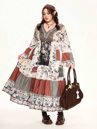 Fairycore Abito in stile cottagecore con design patchwork e stampa vintage in tonalità marroni, taglia curvy, abito lungo vintage elegante in stile patchwork da donna per l'autunno/inverno