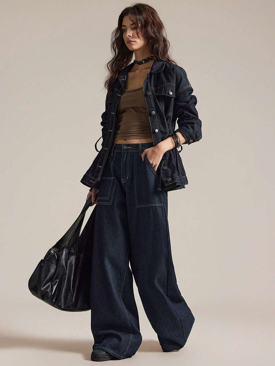 Easelle Women's Fashionable Button-Down Denim Jacket, Belted Waist Denim Top Set Paired With Trousers In Washed Blue And Dark Blue. - Dark Wash - View 1