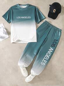 Vacaura مجموعة من قطعتين قميص وبنطلون للمراهقين الذكور، القميص بتدرج اللون من الأخضر إلى الأبيض والبنطلون بتدرج لون مماثل، قماش ناعم ومريح، مناسب للربيع/الخريف، الرياضة الخارجية، المدرسة، التصوير الفوتوغرافي، النزهات، مناسب لمناسبات متنوعة - أخضر - مشاهدة 7