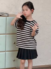 DAZY Young Girls Round Neck Striped Casual Short Sleeve T-Shirt Summer - Black and White - View 5