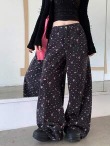 DAZY Women's Floral Print Casual Loose Relaxed Wide Leg Jeans, - Blue - View 7