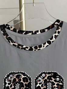 Resyla Women's Round Neck Rhinestone Leopard Print Digit Pattern Casual Versatile Vacation Short Sleeve T-Shirt - Grey - View 3