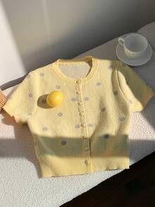 Comfortcana 2026新款时尚女士圆领波点图案休闲百搭短袖开衫，适合夏季、情人节、春假、狂欢节、海滩、生日等场合穿着，也是外出活动的理想之选。 - 鵝黃色 - 查看 6