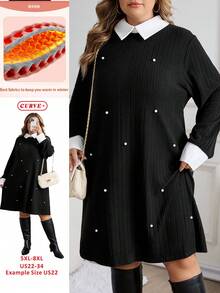 SHEIN CURVE+ LUNE 大码春秋休闲拼色串珠装饰连衣裙冬装，有袖连衣裙，黑色长袖连衣裙，感恩节连衣裙 - 黑色 - 查看 11
