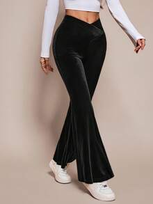 SHEIN PETITE Women's Solid Color Fashionable Asymmetric Waist Velvet Flare Pants - Black - View 7