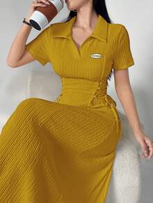 Modelyn 女士纯色贴花系带翻领短袖连衣裙长款女装 - 芥末黃 - 查看 6