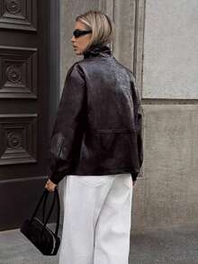 Ontre 2025秋冬女式夹克，PU皮革材质，商务休闲复古百搭款，收腰设计，宽松版型，棕色，都市简约通勤风 - 鏽棕色 - 查看 6