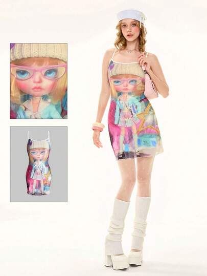 Anime Y2K modisches Cartoon-Charakter-Muster sexy süßes Herz-Camisole Minikleid für Frauen