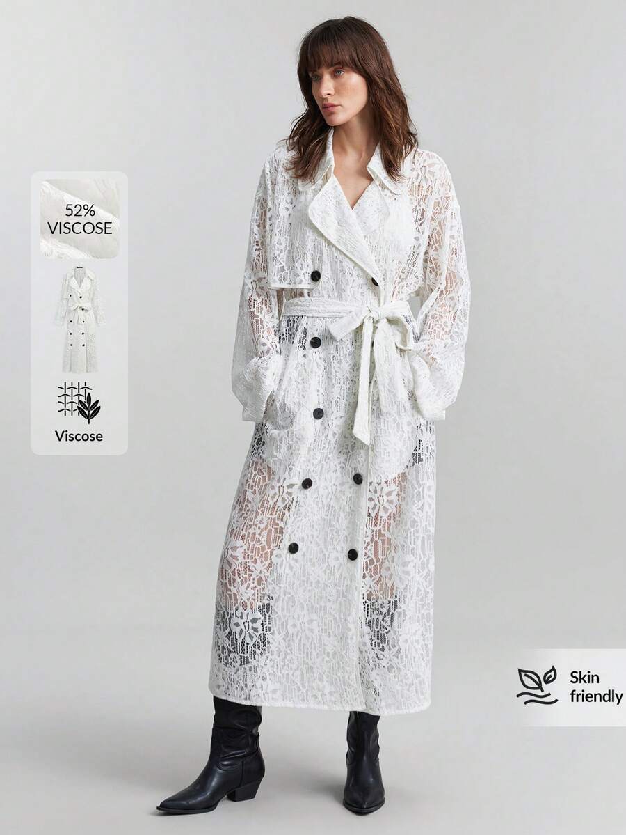 Ontre 2026 女士白色蕾丝舒适宽松透气风衣，翻领设计配腰带，现代都市休闲商务办公着装，低调优雅高品质，简约优雅时尚街头风长款外套 - 白色 - 查看 1