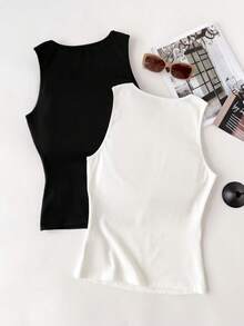 SHEIN EZwear Sexy Solid Tank Top With Padded Bust, Adjustable Straps For Comfortable Fit, Suitable For Summer Spring Beach - Multicolor - View 2