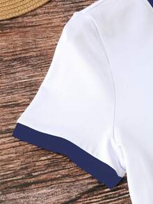 Women's Contrast Trim Letter Print Casual Round Neck Short Sleeve T-Shirt, Summer - White - View 4