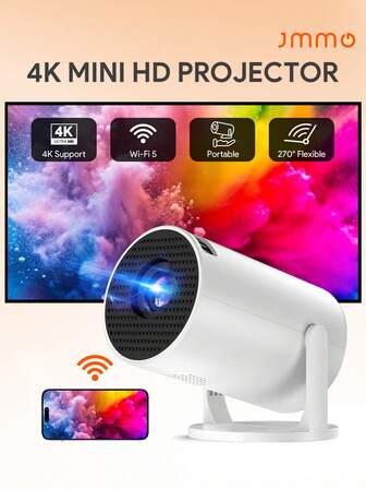 JMMO Bärbar projektor med WiFi 5 och stöd för 4K 1080P, automatisk keystone-funktion, 270° roterbar projektor, presenterar hemmabionivå