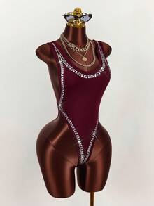 Amplova 性感水钻装饰露背连体衣 - 酒紅色 - 查看 8