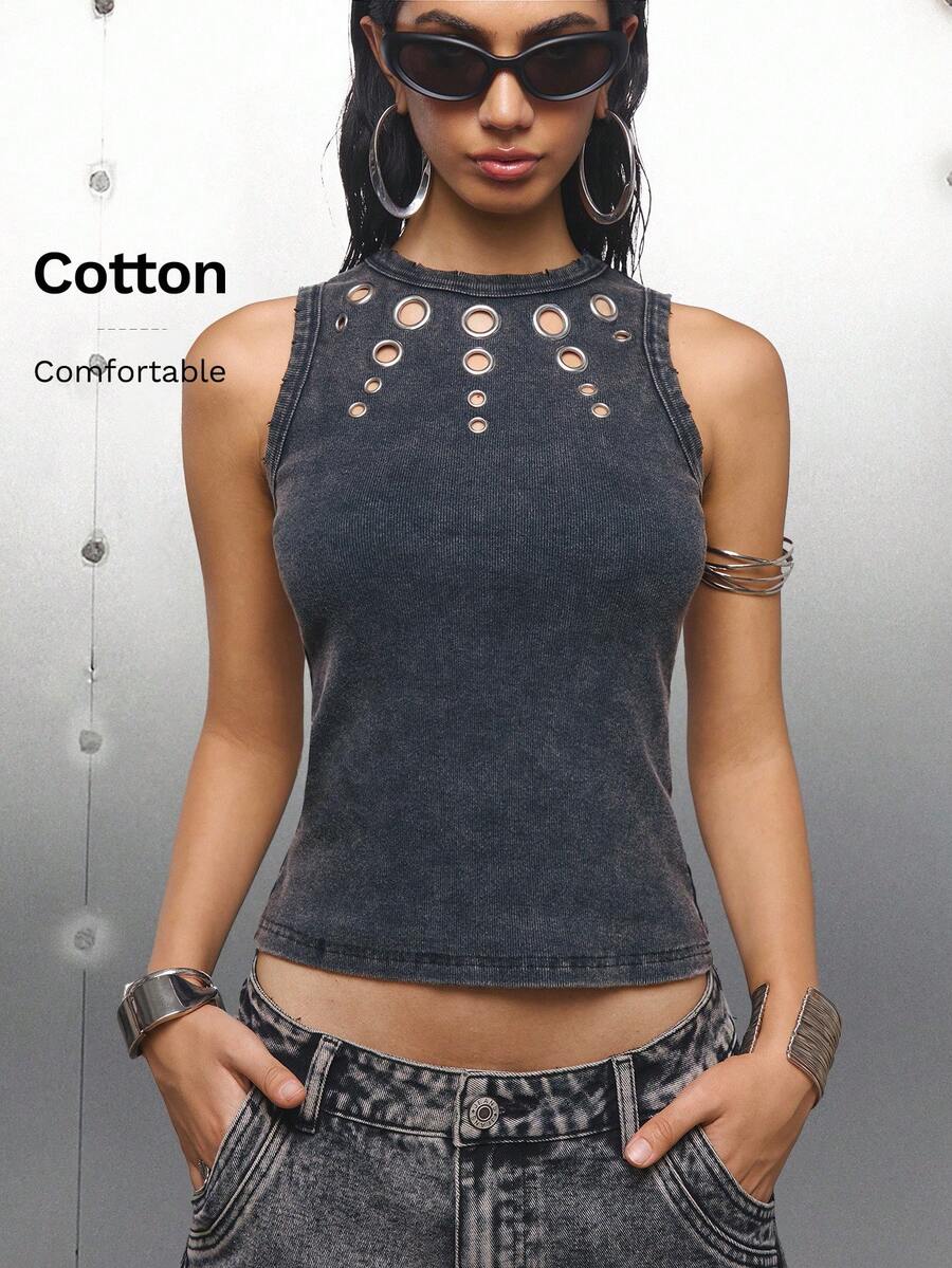 LYSMO Áo ba lỗ khoét lỗ thời trang dành cho nữ, mùa hè - Xám - Xem 1