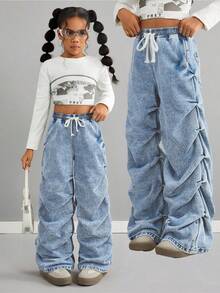 少女时尚休闲柔软可爱宽松抽绳腰浅蓝色牛仔哈伦裤，适合秋冬春夏穿着，适合女孩秋冬日常穿着、街头风、圣诞节、新年、感恩节等场合，也适合男孩穿着，时尚系列，冬季牛仔裤，保暖牛仔裤，夏季牛仔裤，宽松牛仔裤，2000年代宽松牛仔裤，优雅牛仔裤，休闲牛仔裤，春季牛仔裤 - 淺色水洗藍 - 查看 7