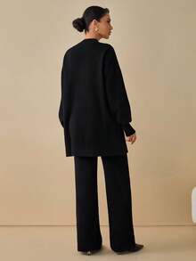 EURMUSE Black Knit Co-Ord Set With Rhinestone Butterfly Embroidery – Casual Elegance Black Rhinestone Butterfly Knit Sweater And Pants Set For Elegant Chic Fall And Winter Outfits - Black - View 2